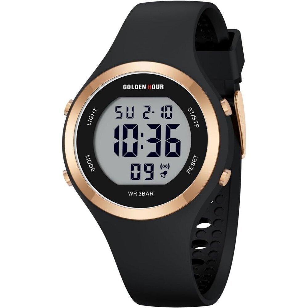 Unisex Black Silicone Digital Sports Gold Bezel Water-Resistant Alarm Stopwatch